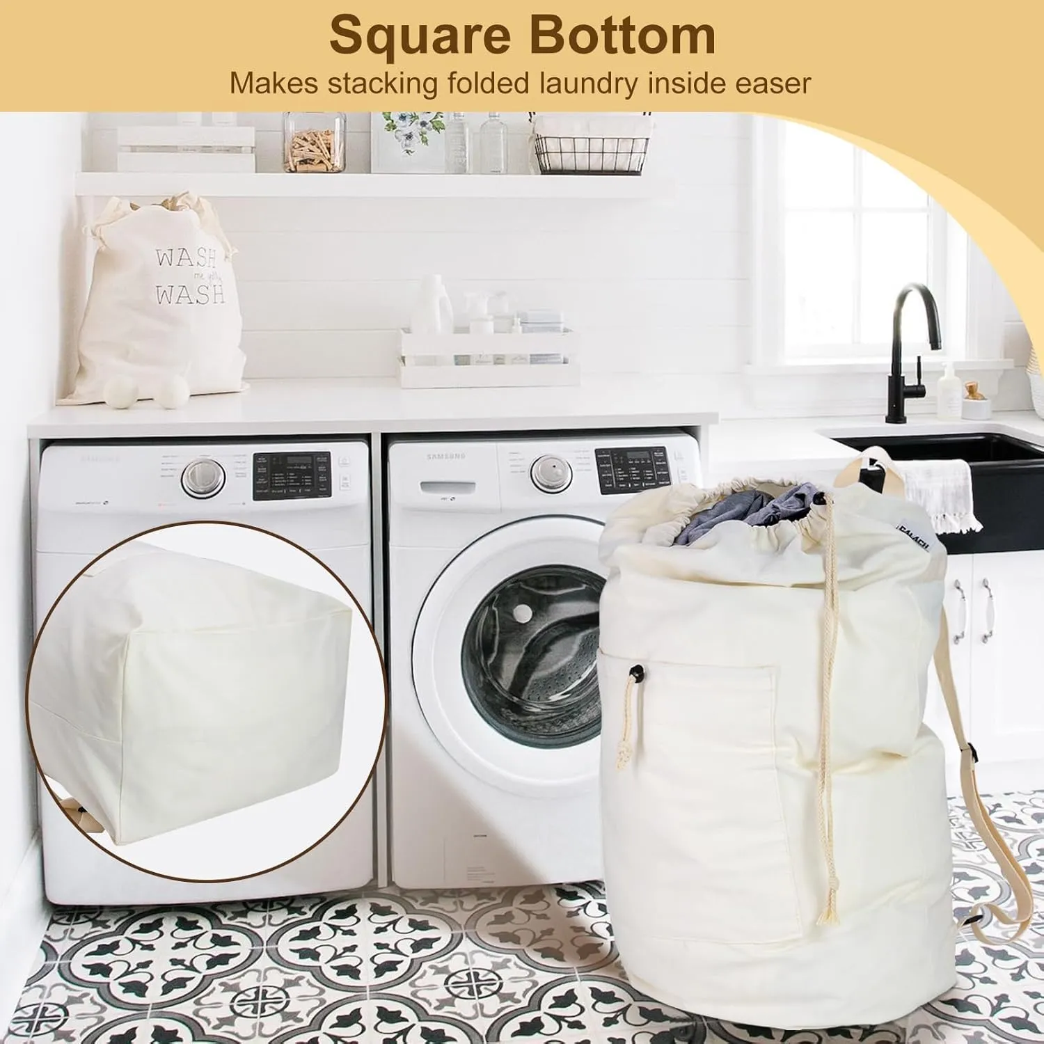 Laundry Bag Backpack, Canvas Laundry Bag with Straps & Drawstring Closure Washable Dirty Cloth Hamper Bag with Large Front Pocket for College, Travel, Laundromat, Camping (XL, Beige)