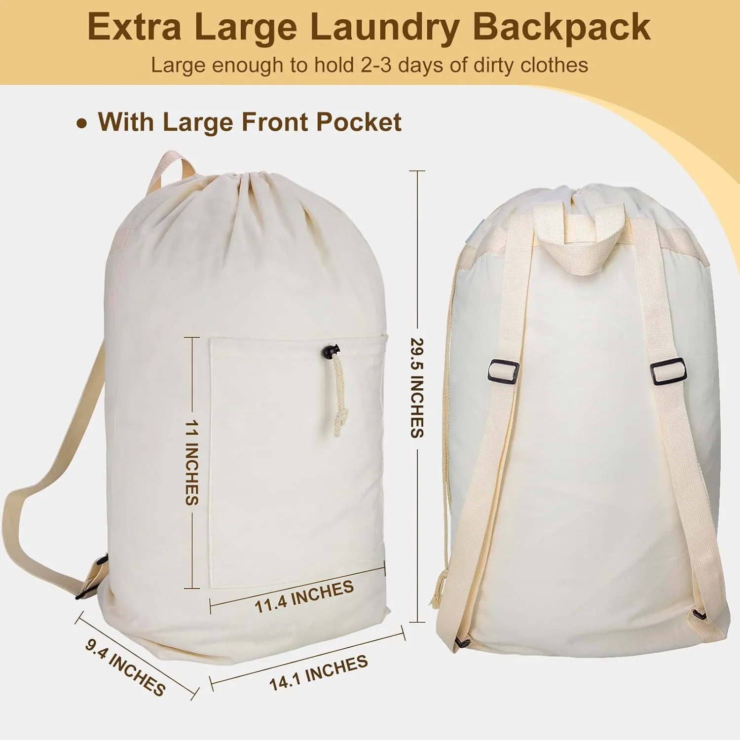 Laundry Bag Backpack, Canvas Laundry Bag with Straps & Drawstring Closure Washable Dirty Cloth Hamper Bag with Large Front Pocket for College, Travel, Laundromat, Camping (XL, Beige)