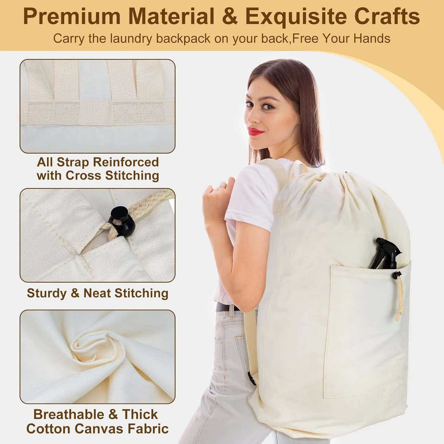 Laundry Bag Backpack, Canvas Laundry Bag with Straps & Drawstring Closure Washable Dirty Cloth Hamper Bag with Large Front Pocket for College, Travel, Laundromat, Camping (XL, Beige)