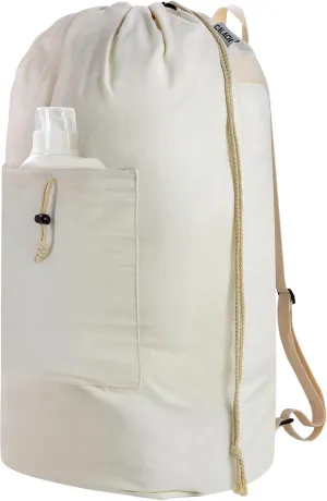Laundry Bag Backpack, Canvas Laundry Bag with Straps & Drawstring Closure Washable Dirty Cloth Hamper Bag with Large Front Pocket for College, Travel, Laundromat, Camping (XL, Beige)