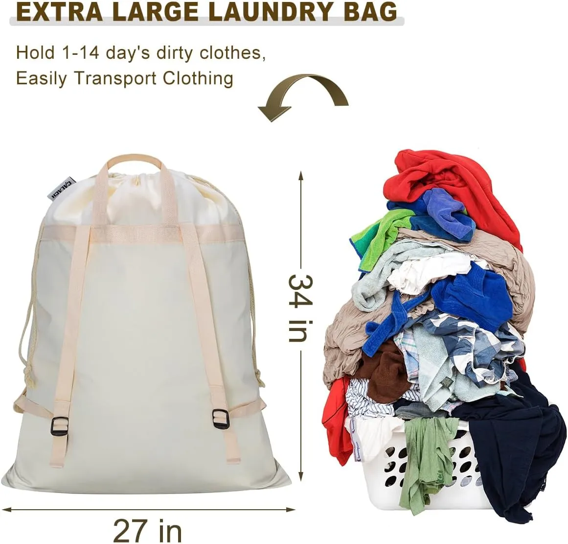 Laundry Bag Backpack with Shoulder Straps and Handle, Extra Large Heavy Duty Laundry Bag, Canvas Backpack for College, Travel, Camp (Beige)