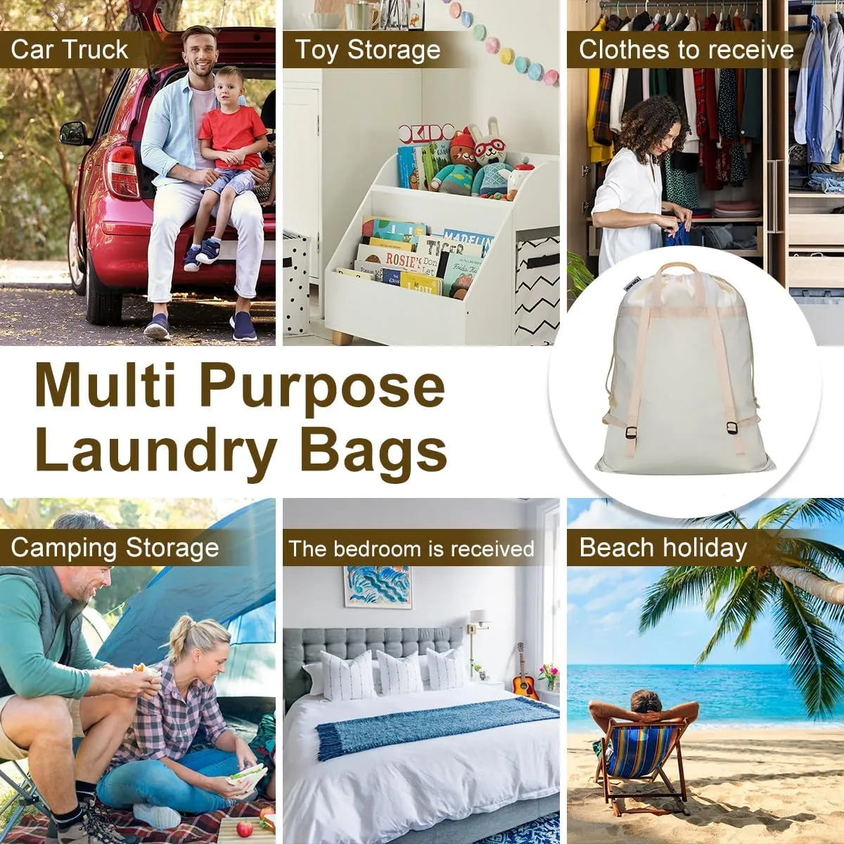Laundry Bag Backpack with Shoulder Straps and Handle, Extra Large Heavy Duty Laundry Bag, Canvas Backpack for College, Travel, Camp (Beige)
