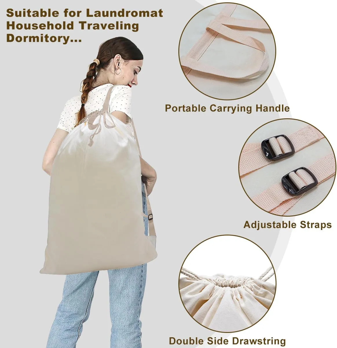 Laundry Bag Backpack with Shoulder Straps and Handle, Extra Large Heavy Duty Laundry Bag, Canvas Backpack for College, Travel, Camp (Beige)