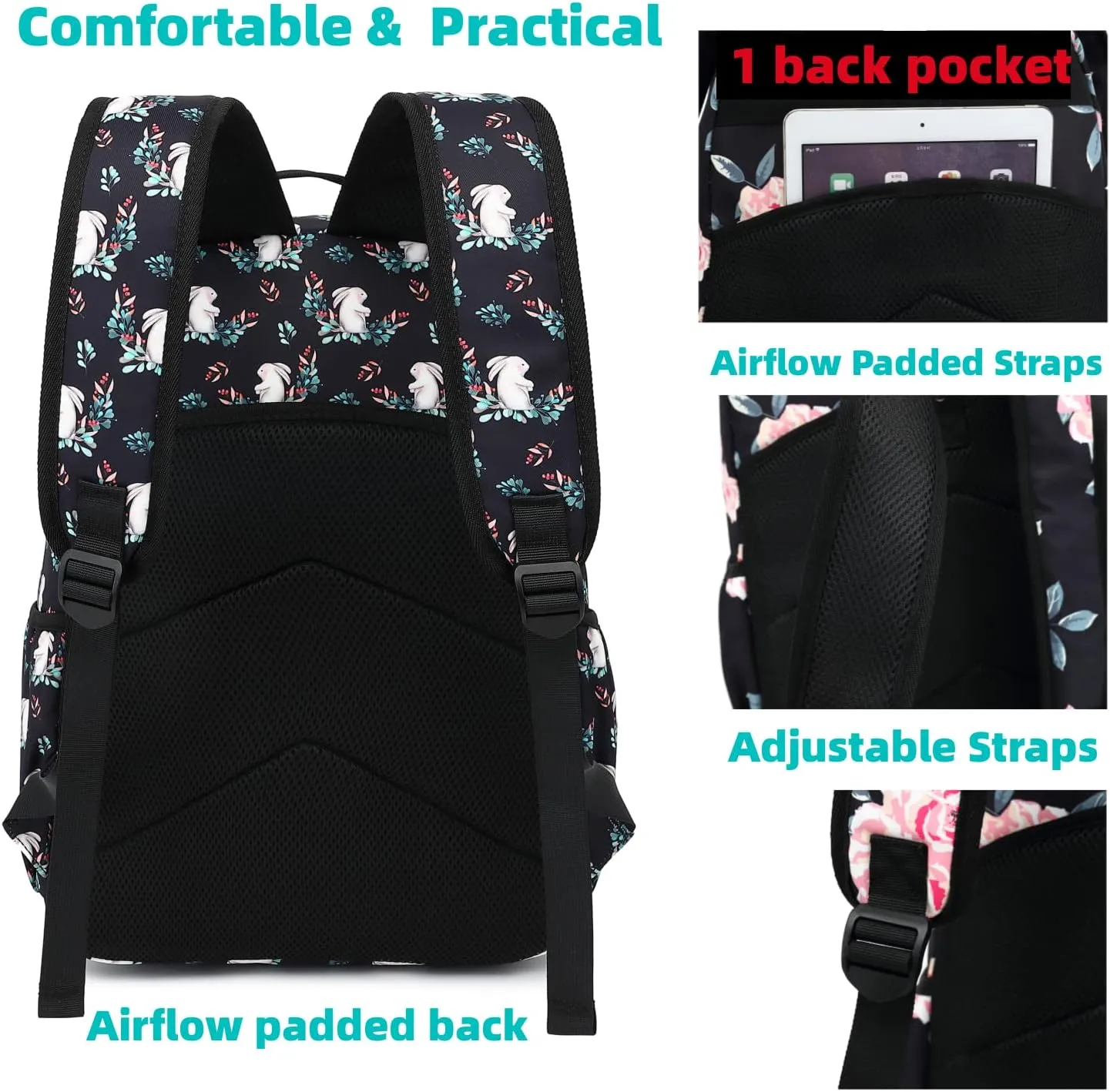 Leaper Water-resistant Cute Rabbit Laptop Backpack Bunny School Travel Bag Bookbags Satchel Black