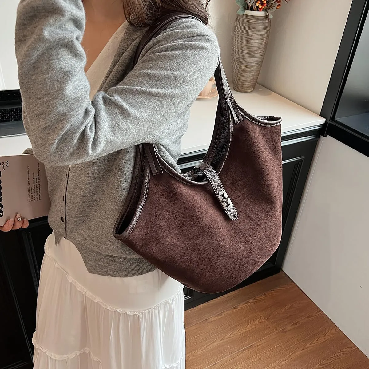 Leather Hobo Bags for Women Brown Purses Suede Purse Slouchy Tote Bag Suede Tote Bag Fall Purses Handbag
