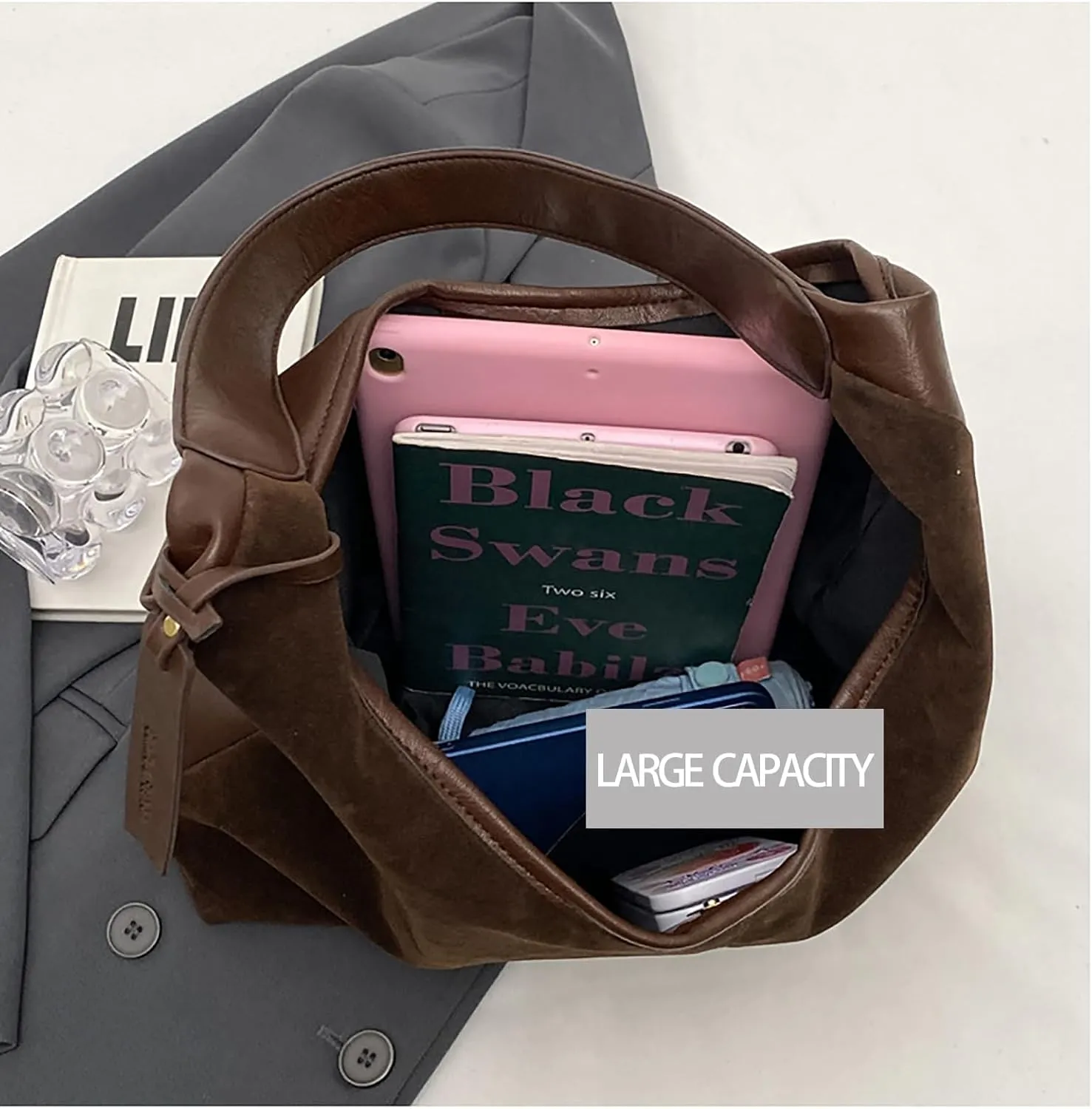Leather Hobo Bags for Women - Brown Suede Slouchy Tote Bags - Fall Winter Purses & Handbags