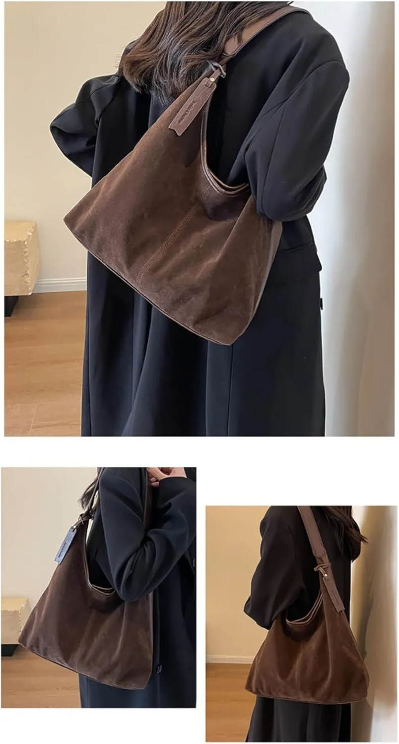 Leather Hobo Bags for Women - Brown Suede Slouchy Tote Bags - Fall Winter Purses & Handbags