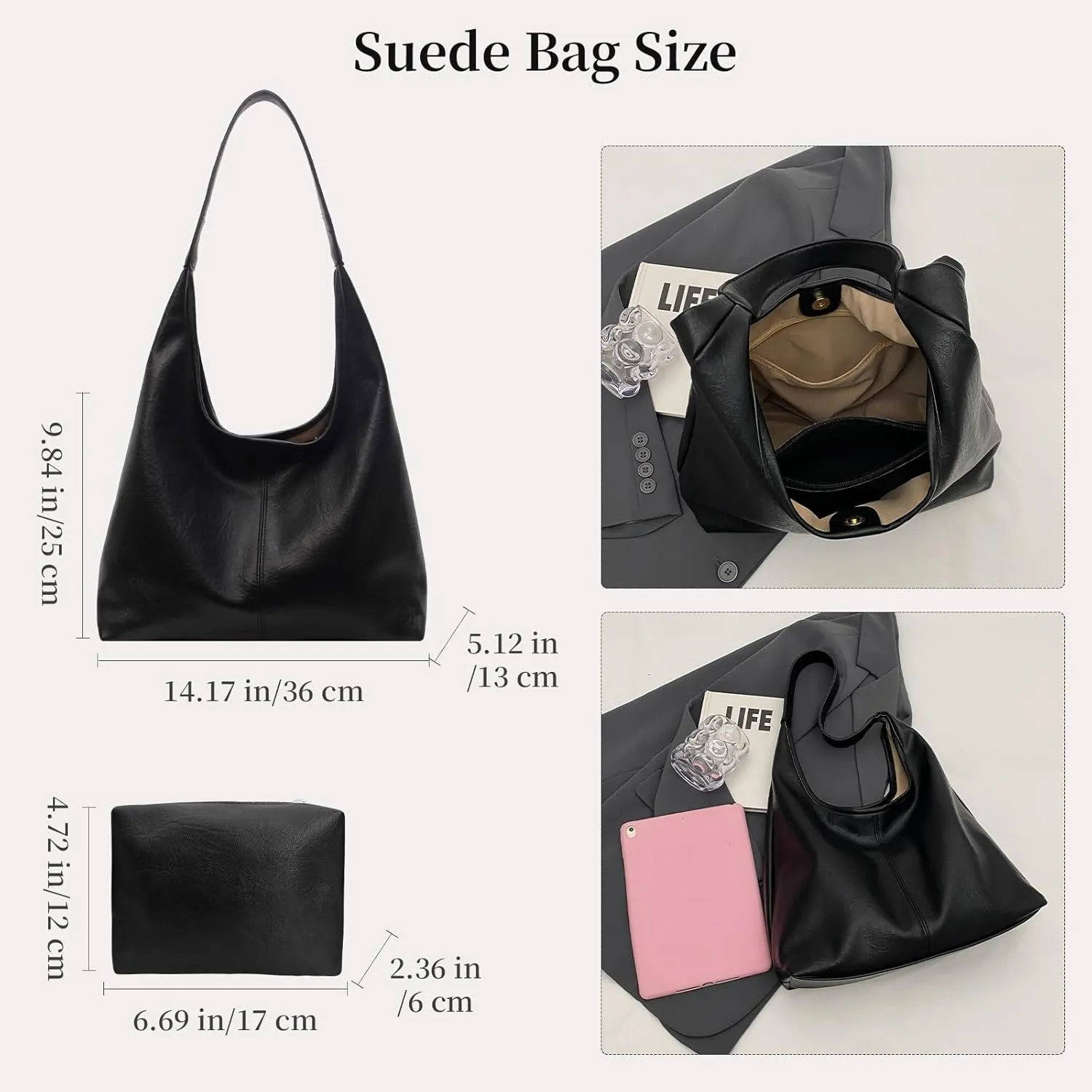 Leather Hobo Bags for Women Slouchy Tote Bag Retro PU Leather Purse Soft Shoulder Handbags Large Work Tote Bag 2pcs