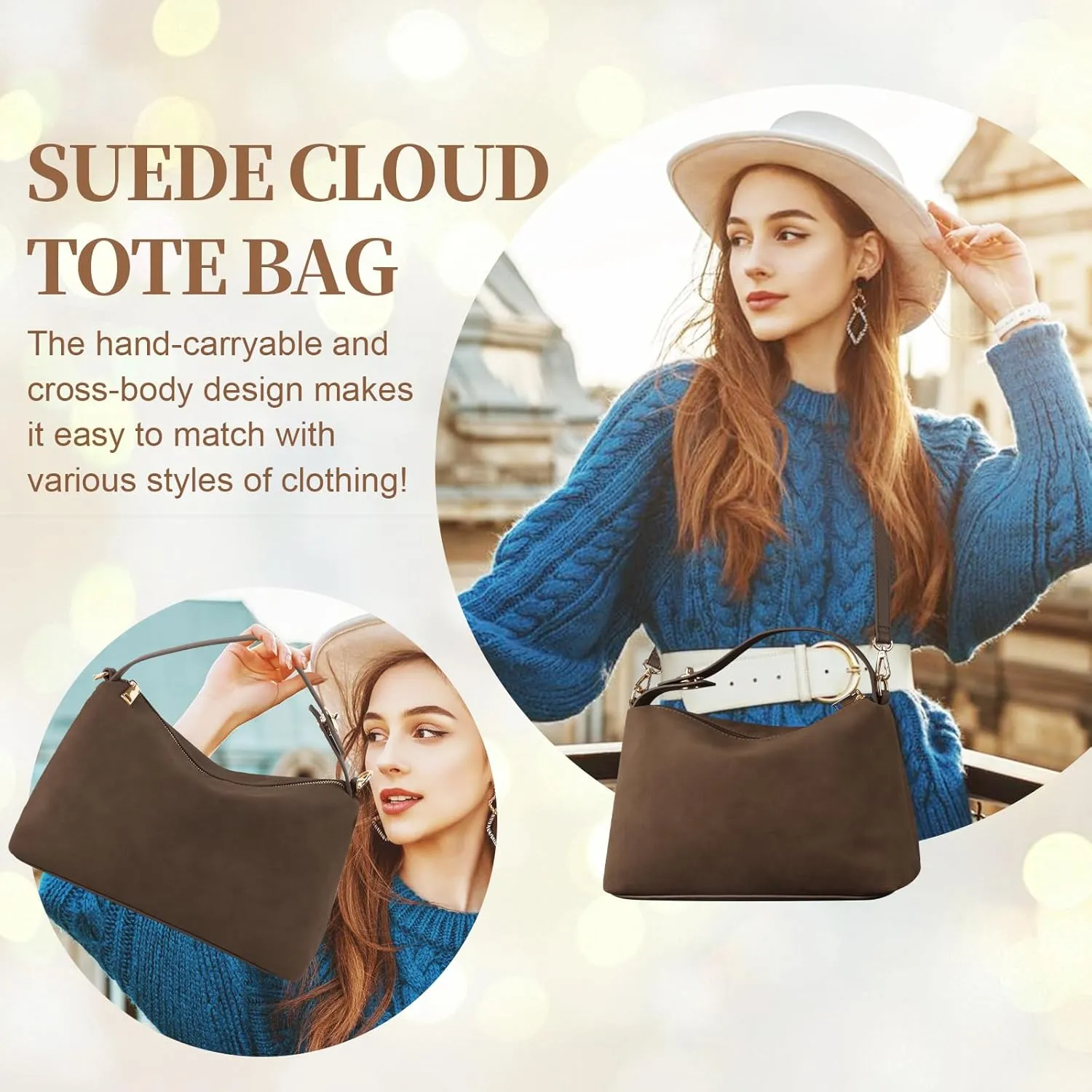 Leather Suede Tote Bags for Women, Brown Suede Purse Handbag Retro Crossbody Bag, Hobo Suede Shoulder Bag Satchels Bag
