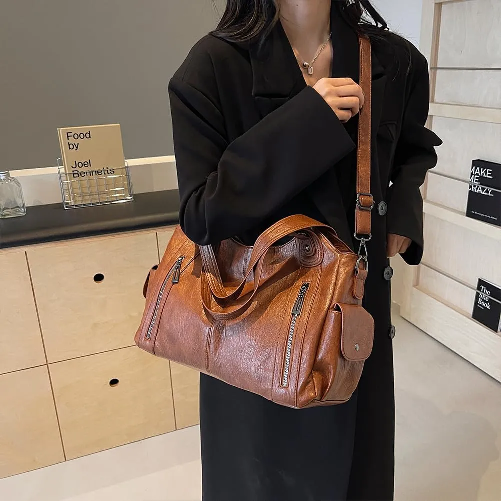 Leather Tote Bag For Women Soft Leather Hobo Purses Large Satchel Bags Crossbody Slouchy Bag Multi Pockets Leather Handbags