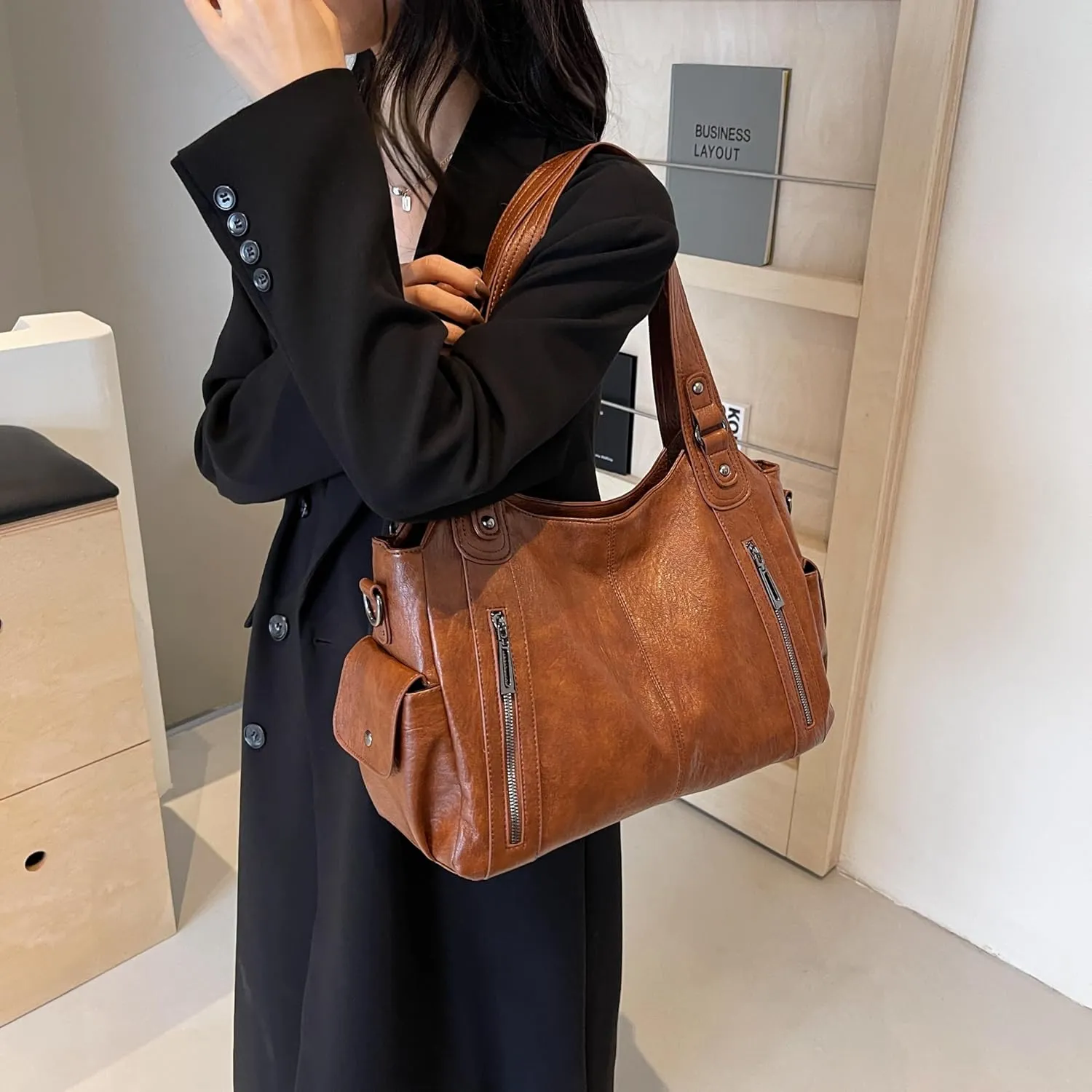 Leather Tote Bag For Women Soft Leather Hobo Purses Large Satchel Bags Crossbody Slouchy Bag Multi Pockets Leather Handbags