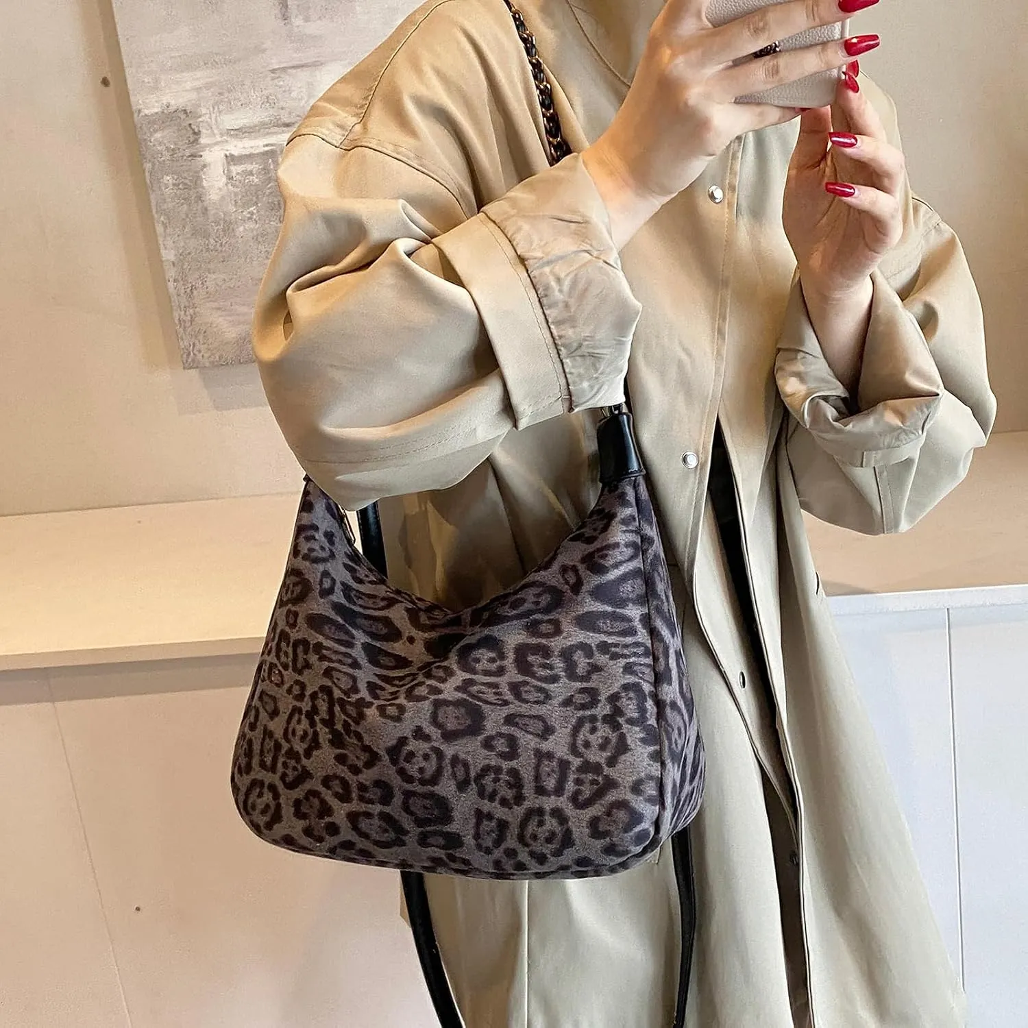 Leopard Faux Suede Purse for Women Cheetah Print Handbags Shoulder Purse Hobo purse