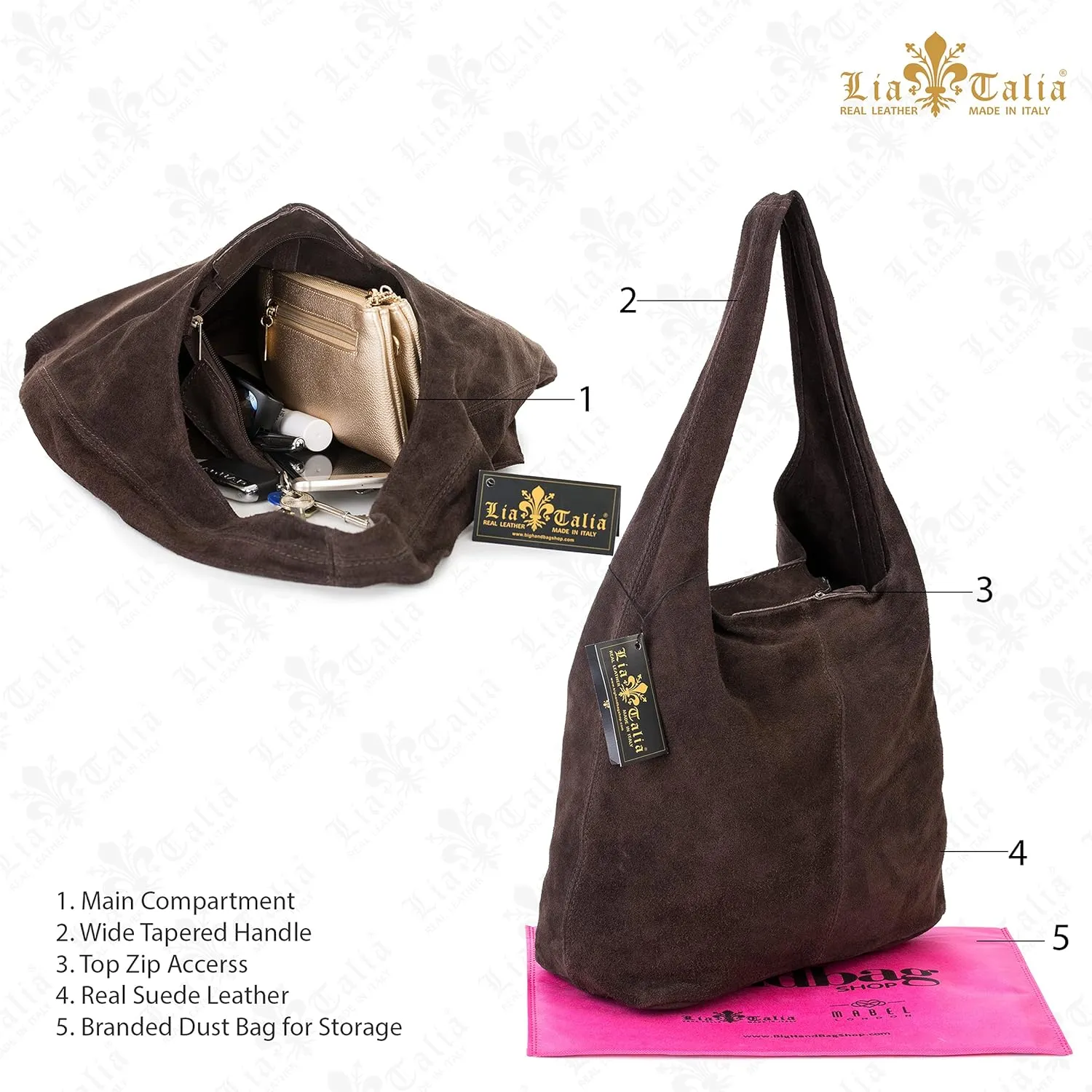 LiaTalia Womens Large Italian Suede Leather Single Shoulder Strap Hobo Slouch Bag with Storage Bag