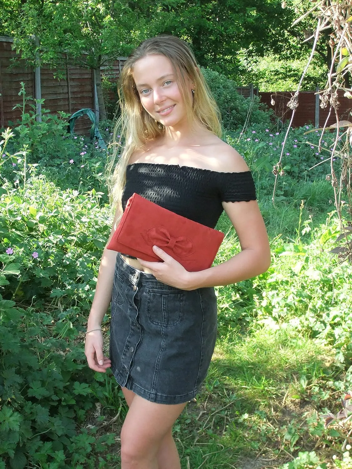LONI Womens Gorgeous Faux Suede Bow Clutch/Shoulder Bag Wedding Prom Bag Medium Size