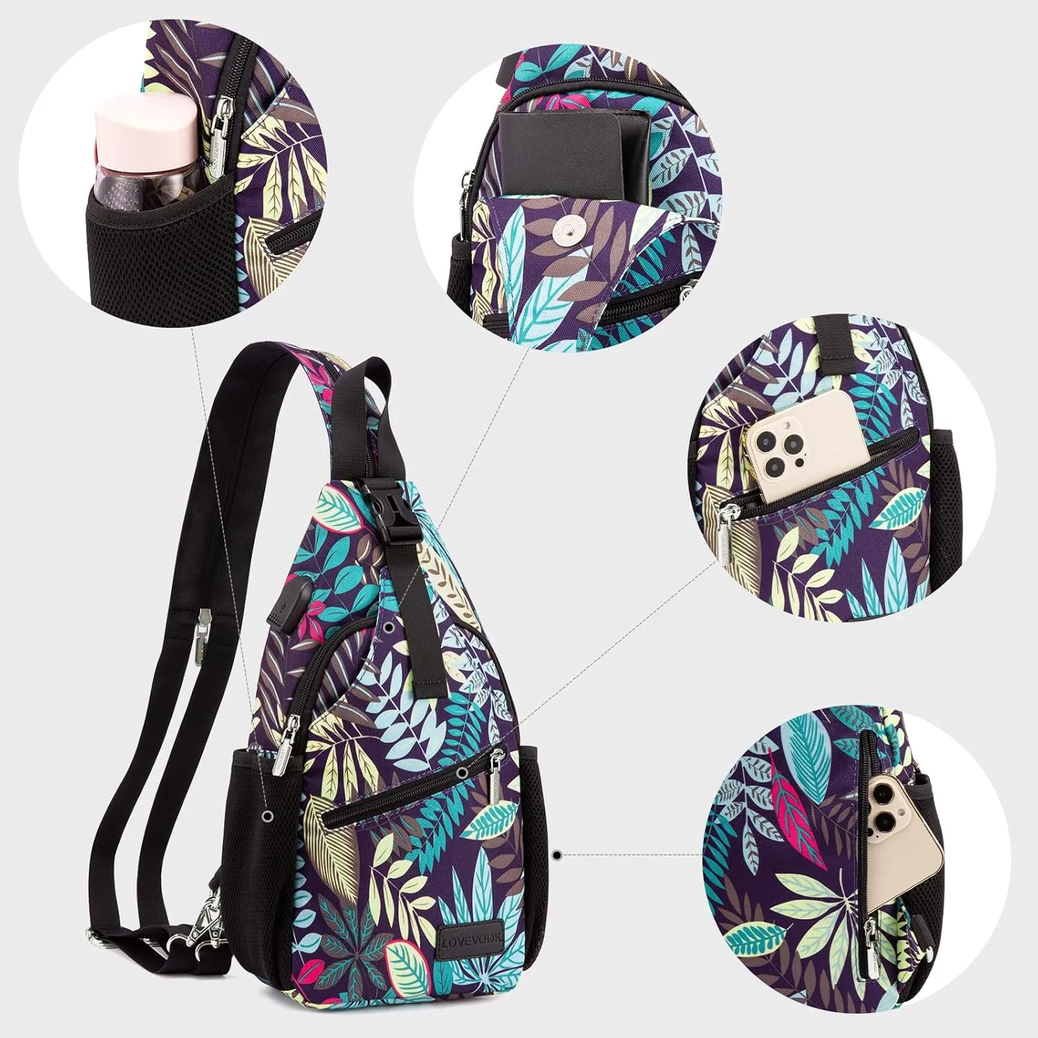 LOVEVOOK Sling Bag for Women Casual Daypack Nylon Crossbody Sling Backpack Travel Shoulder Bag Hiking Daypack