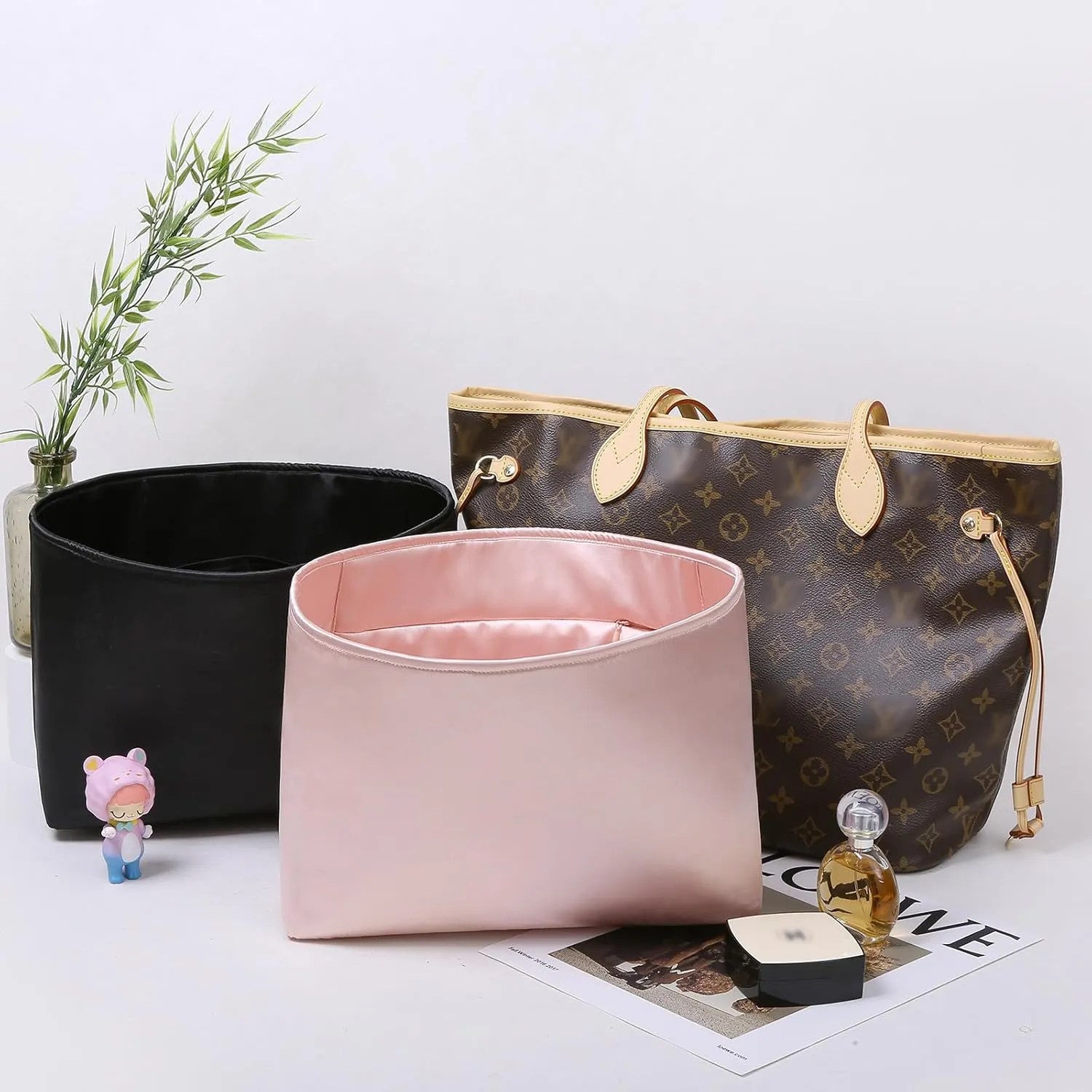 Luxury Silk Purse Organizer for NEVERFULL PM Silky Smooth Handbag Insert with Hidden Zipper, Lightweight and Supportive Tote Shaper for Elegant Storage(Pink)