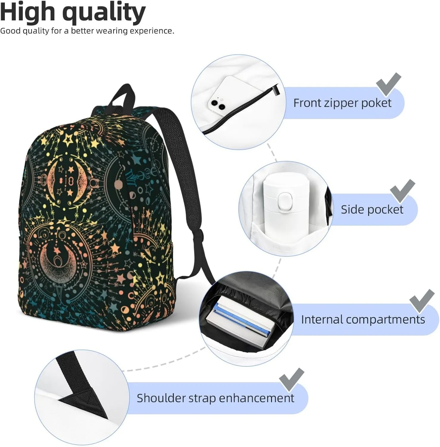 Magical Astrology Moon Star Magic Backpack for Girls Boys Women Lightweight Canvas Bookbag Casual Daypack for Travel Outdoor Camping, 17 Inch