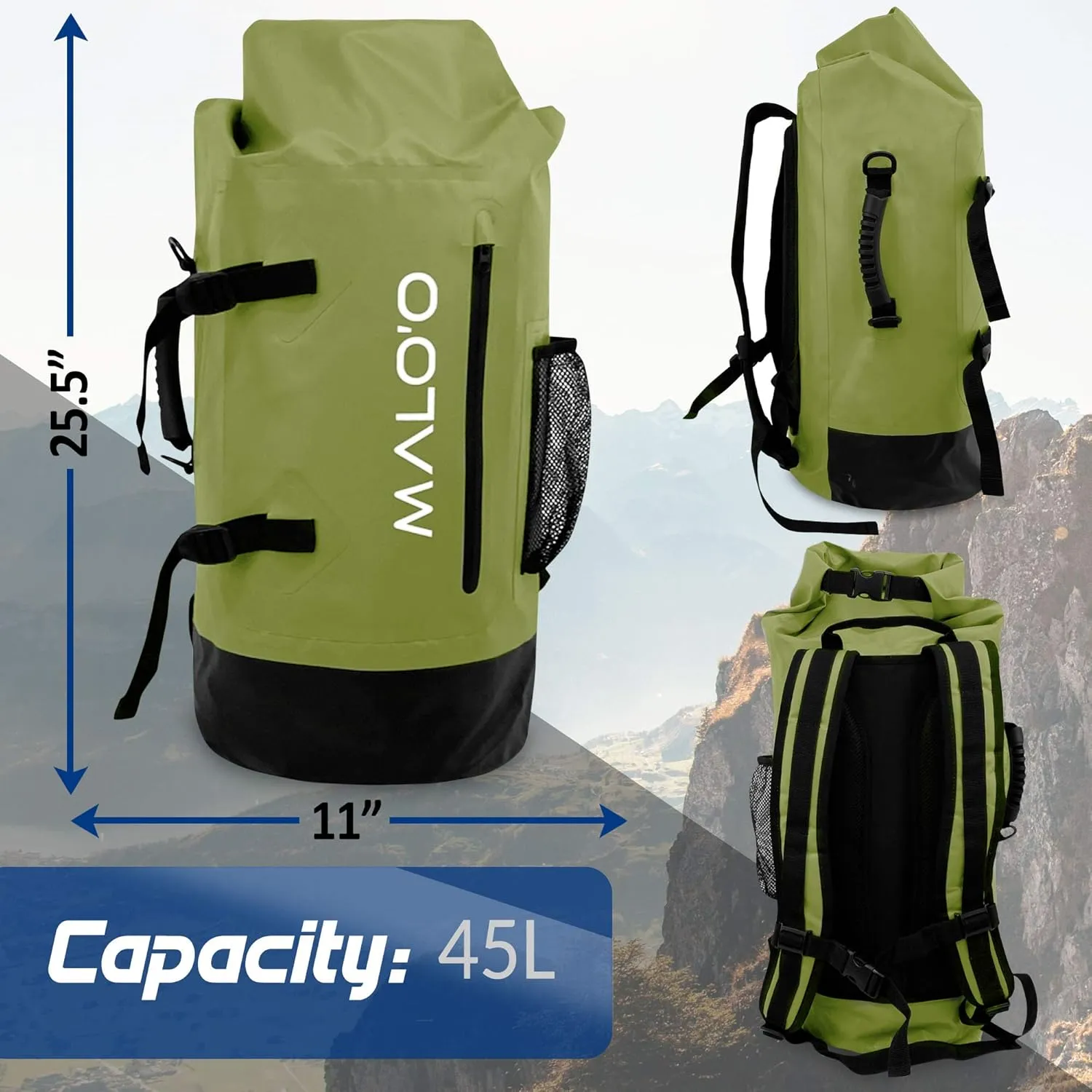 Malo'o 45L Waterproof Heavy Duty Backpack Dry Bags for Kayaking, Camping, Fishing, Hiking Daypack - Beach Accessories, Boat accessories, and Travel Gear - Fishing Rod Case Straps