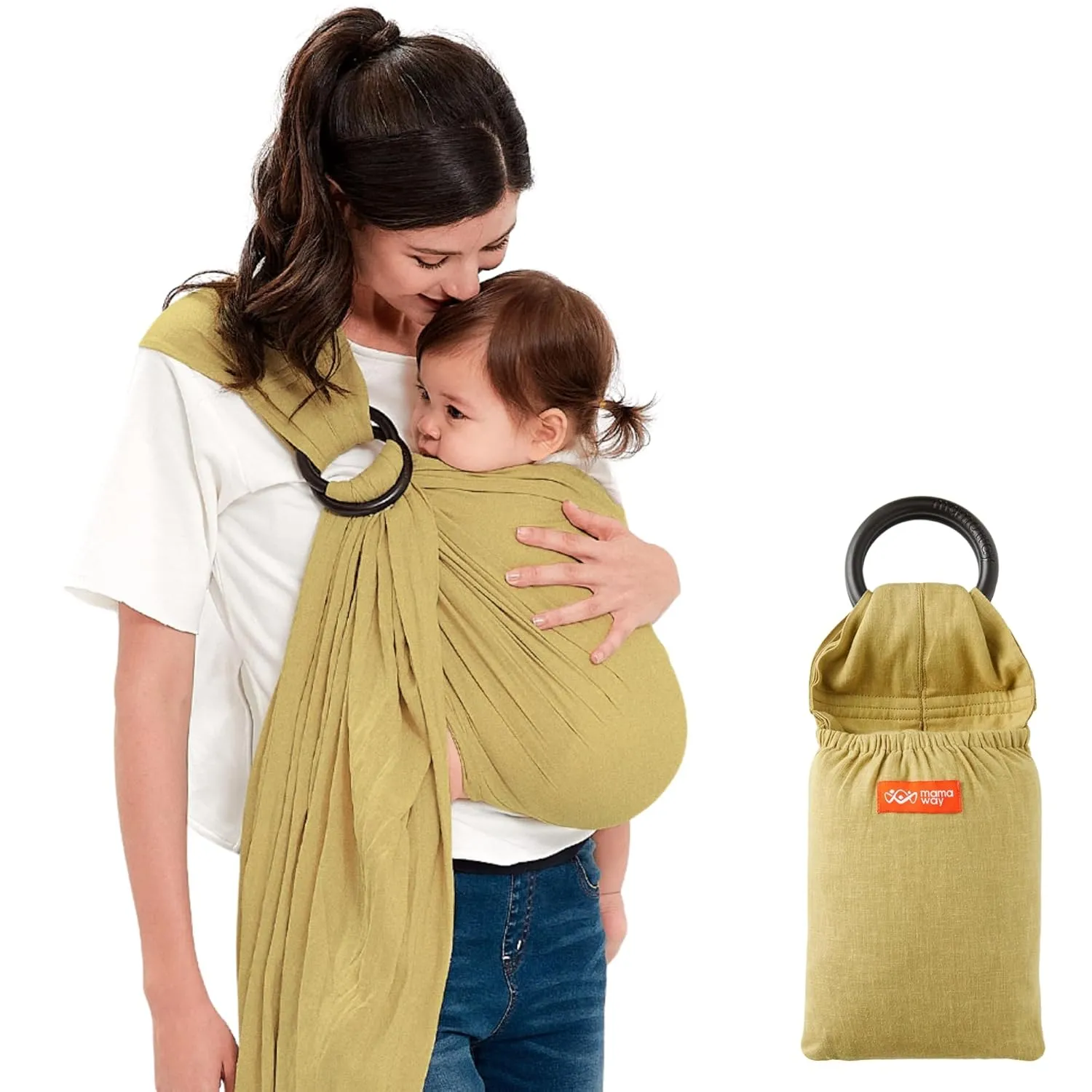 Mamaway Baby Ring Sling Carrier - Newborn and Toddler Sling (Supports up to 154lbs), IHDI Certified, Rayon & Linen Made, Soft & Breathable, Nylon 66 Safety Rings, Storage Pocket Design, Olive