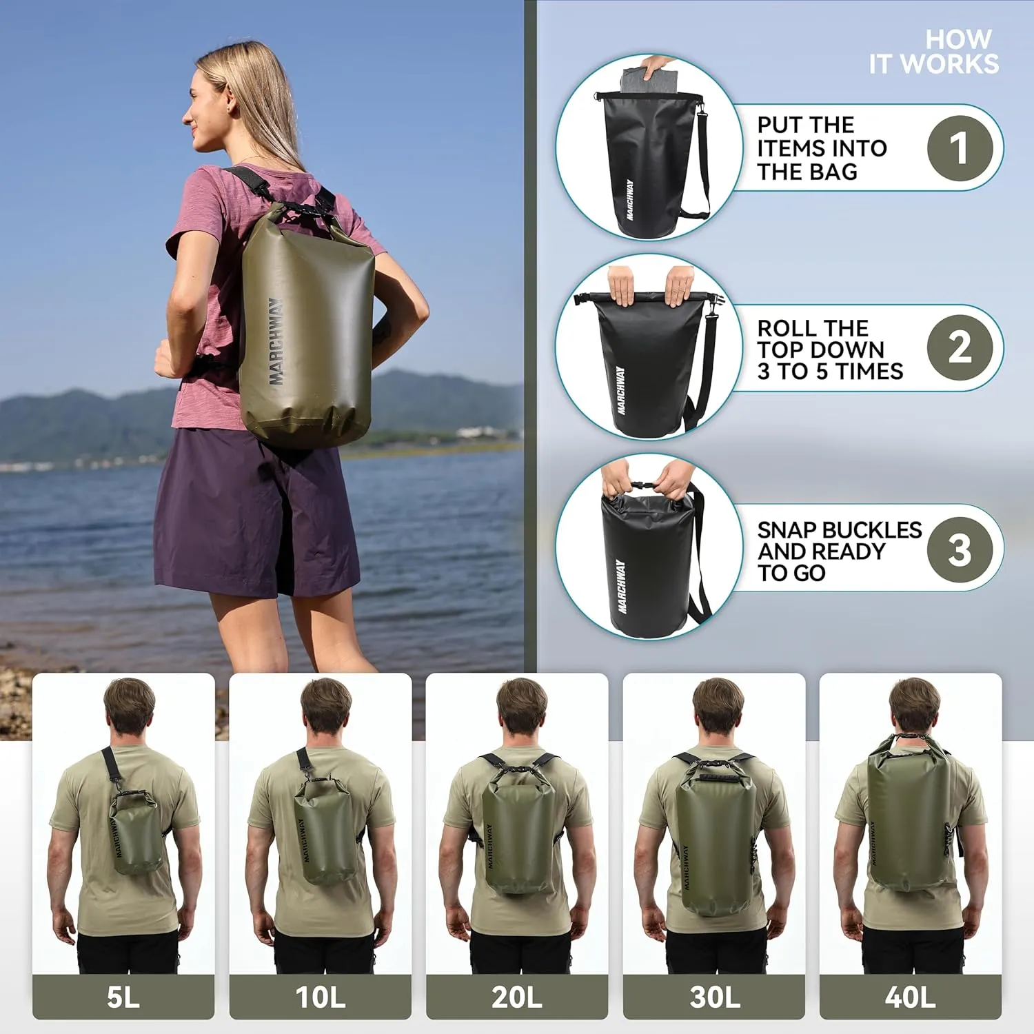 MARCHWAY Floating Waterproof Dry Bag Backpack 5L/10L/20L/30L/40L, Roll Top Sack Keeps Gear Dry for Kayaking, Rafting, Boating, Swimming, Camping, Hiking, Beach, Fishing