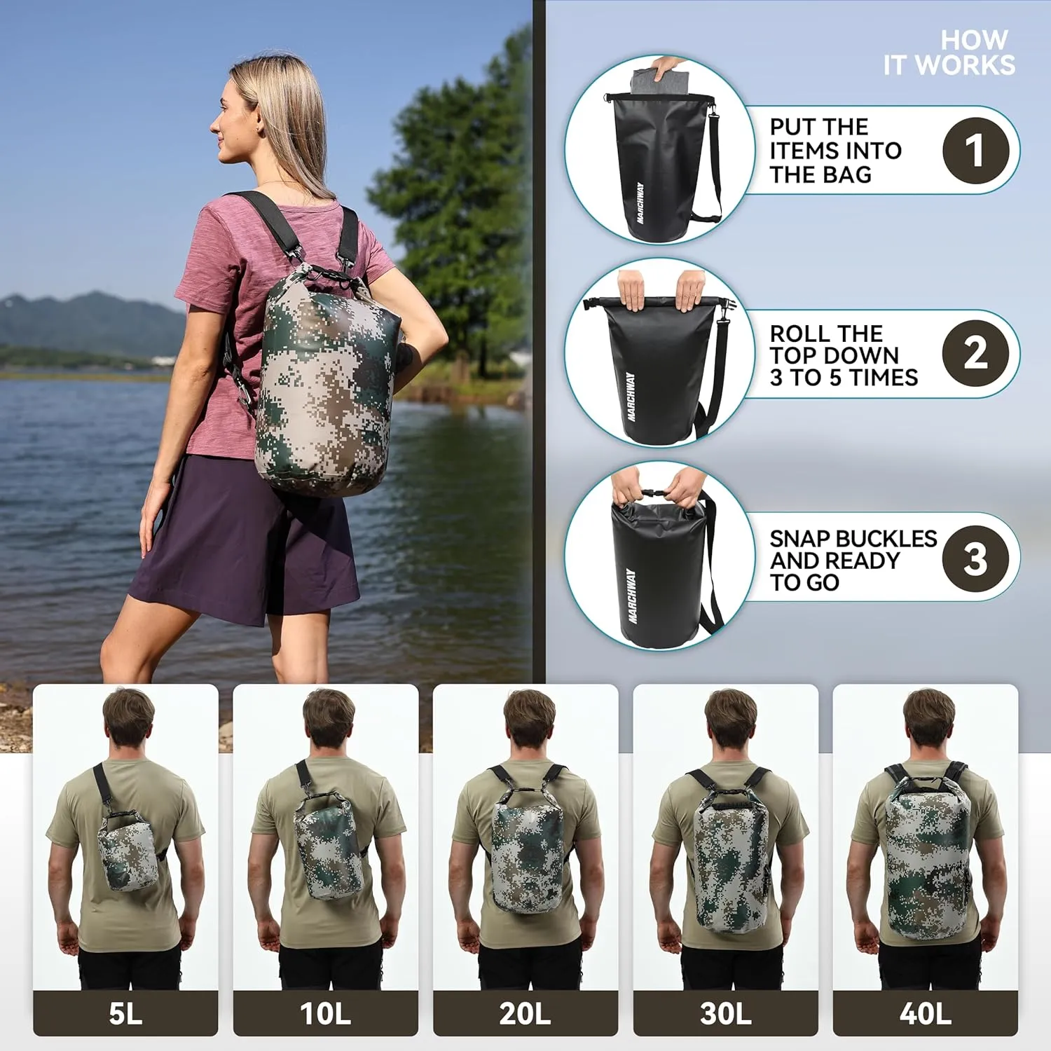 MARCHWAY Floating Waterproof Dry Bag Backpack 5L/10L/20L/30L/40L, Roll Top Sack Keeps Gear Dry for Kayaking, Rafting, Boating, Swimming, Camping, Hiking, Beach, Fishing