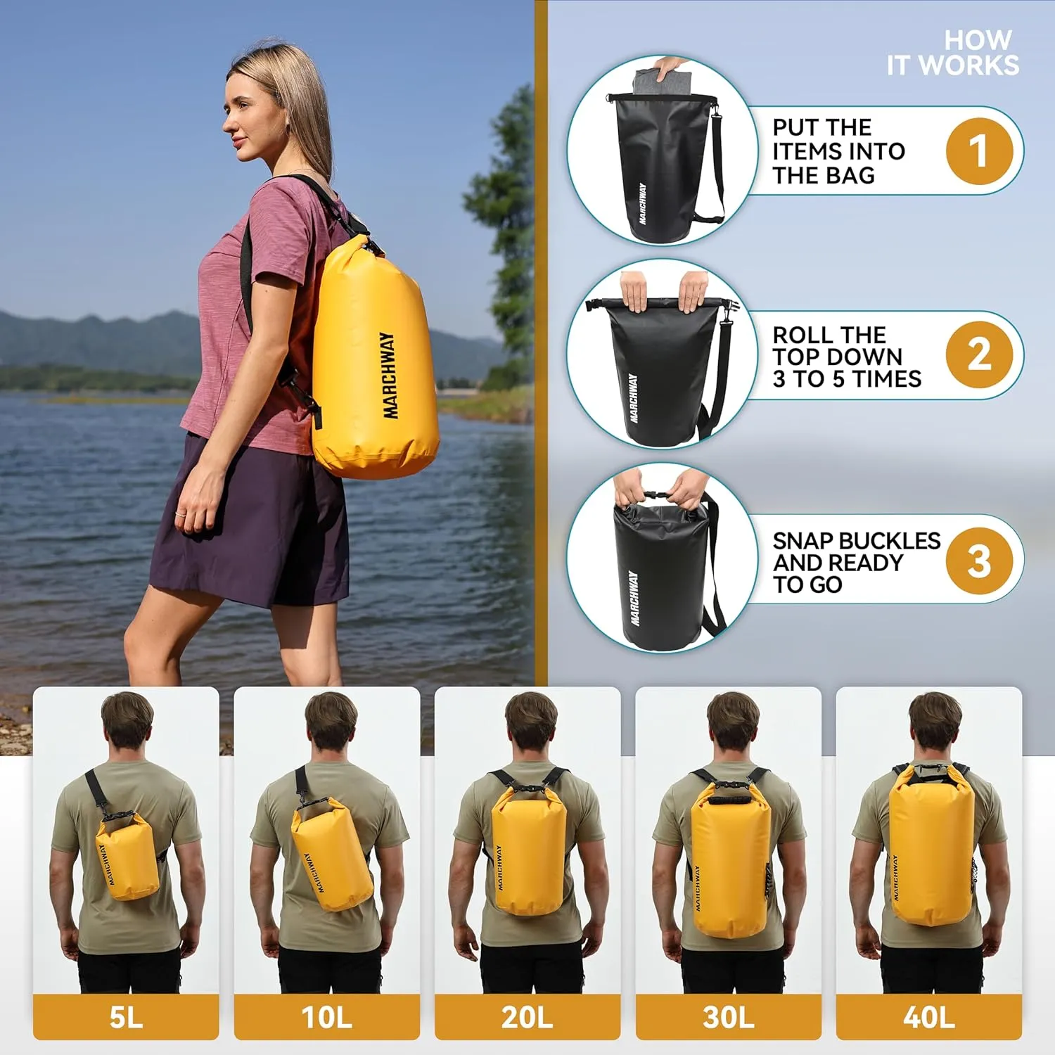 MARCHWAY Floating Waterproof Dry Bag Backpack 5L/10L/20L/30L/40L, Roll Top Sack Keeps Gear Dry for Kayaking, Rafting, Boating, Swimming, Camping, Hiking, Beach, Fishing