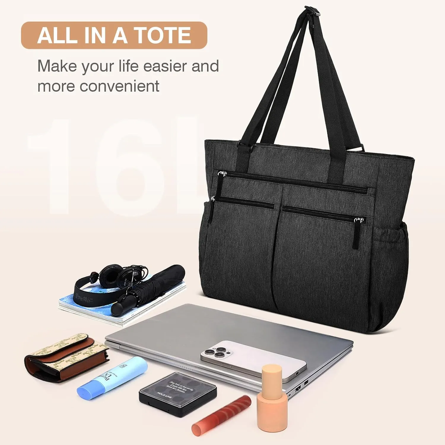 Marvolia Tote Bag for Women Work Large Tote Bags with Zipper Pockets Foldable Shoulder Handbags for Travel, Beach, Gym