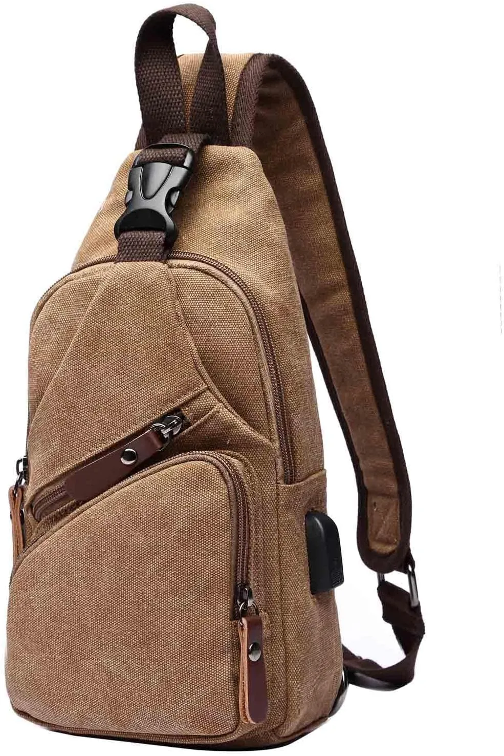 Men Sling Backpack Crossbody Chest Bag Shoulder Casual Daypack Multipurpose Canvas Rucksack with USB Charger Port (Brown)