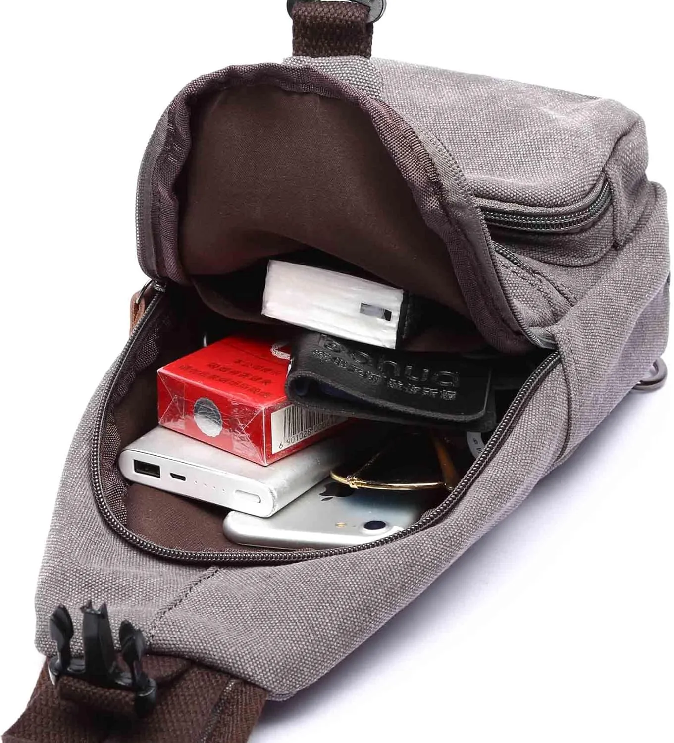 Men Sling Backpack Crossbody Chest Bag Shoulder Casual Daypack Multipurpose Canvas Rucksack with USB Charger Port (Brown)