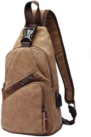 Men Sling Backpack Crossbody Chest Bag Shoulder Casual Daypack Multipurpose Canvas Rucksack with USB Charger Port (Brown)