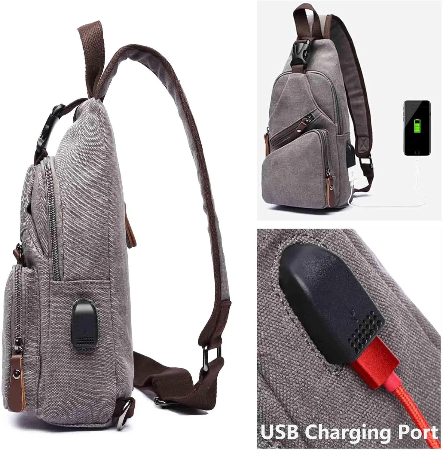 Men Sling Backpack Crossbody Chest Bag Shoulder Casual Daypack Multipurpose Canvas Rucksack with USB Charger Port (Brown)
