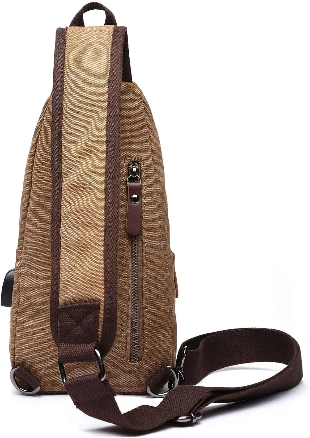 Men Sling Backpack Crossbody Chest Bag Shoulder Casual Daypack Multipurpose Canvas Rucksack with USB Charger Port (Brown)
