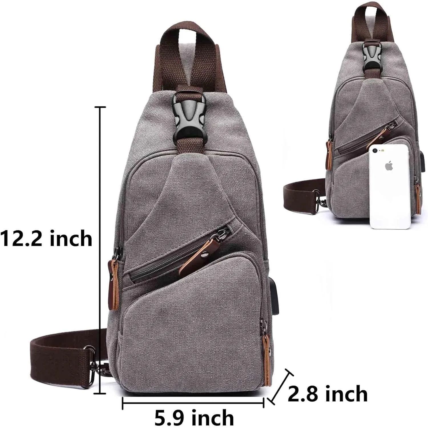 Men Sling Backpack Crossbody Chest Bag Shoulder Casual Daypack Multipurpose Canvas Rucksack with USB Charger Port (Brown)