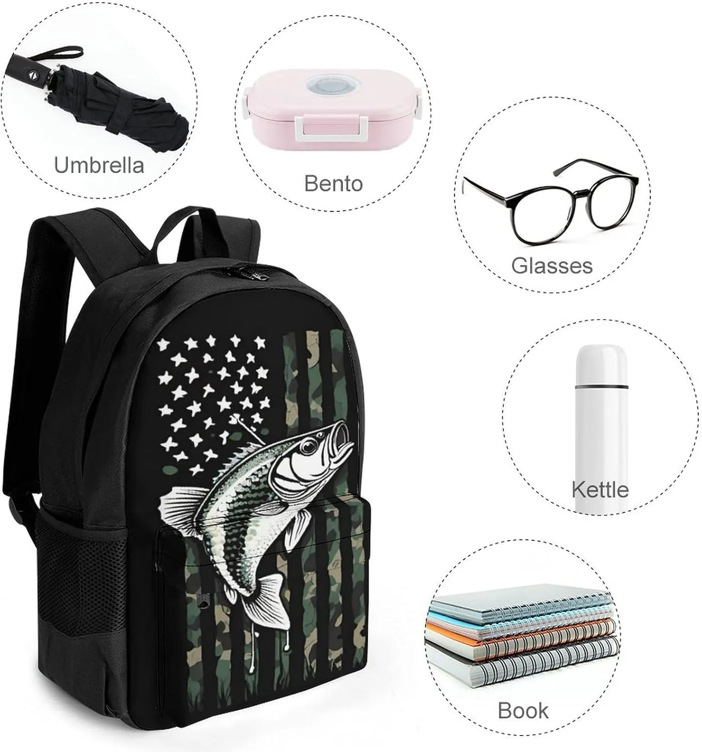 Men Women Polyester Bass Fishing Lure Camo Camouflage American Fl Daypack Big Capacity Shoulder Bag With Smooth Zippers for Hiking Work Walking Cycling