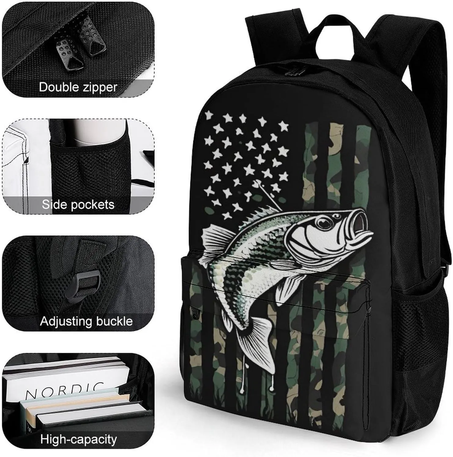 Men Women Polyester Bass Fishing Lure Camo Camouflage American Fl Daypack Big Capacity Shoulder Bag With Smooth Zippers for Hiking Work Walking Cycling