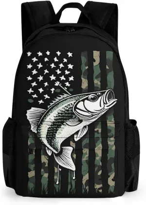 Men Women Polyester Bass Fishing Lure Camo Camouflage American Fl Daypack Big Capacity Shoulder Bag With Smooth Zippers for Hiking Work Walking Cycling