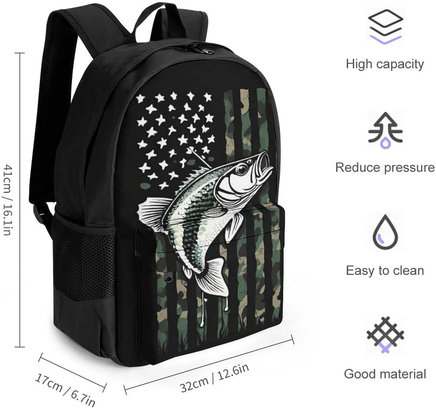 Men Women Polyester Bass Fishing Lure Camo Camouflage American Fl Daypack Big Capacity Shoulder Bag With Smooth Zippers for Hiking Work Walking Cycling