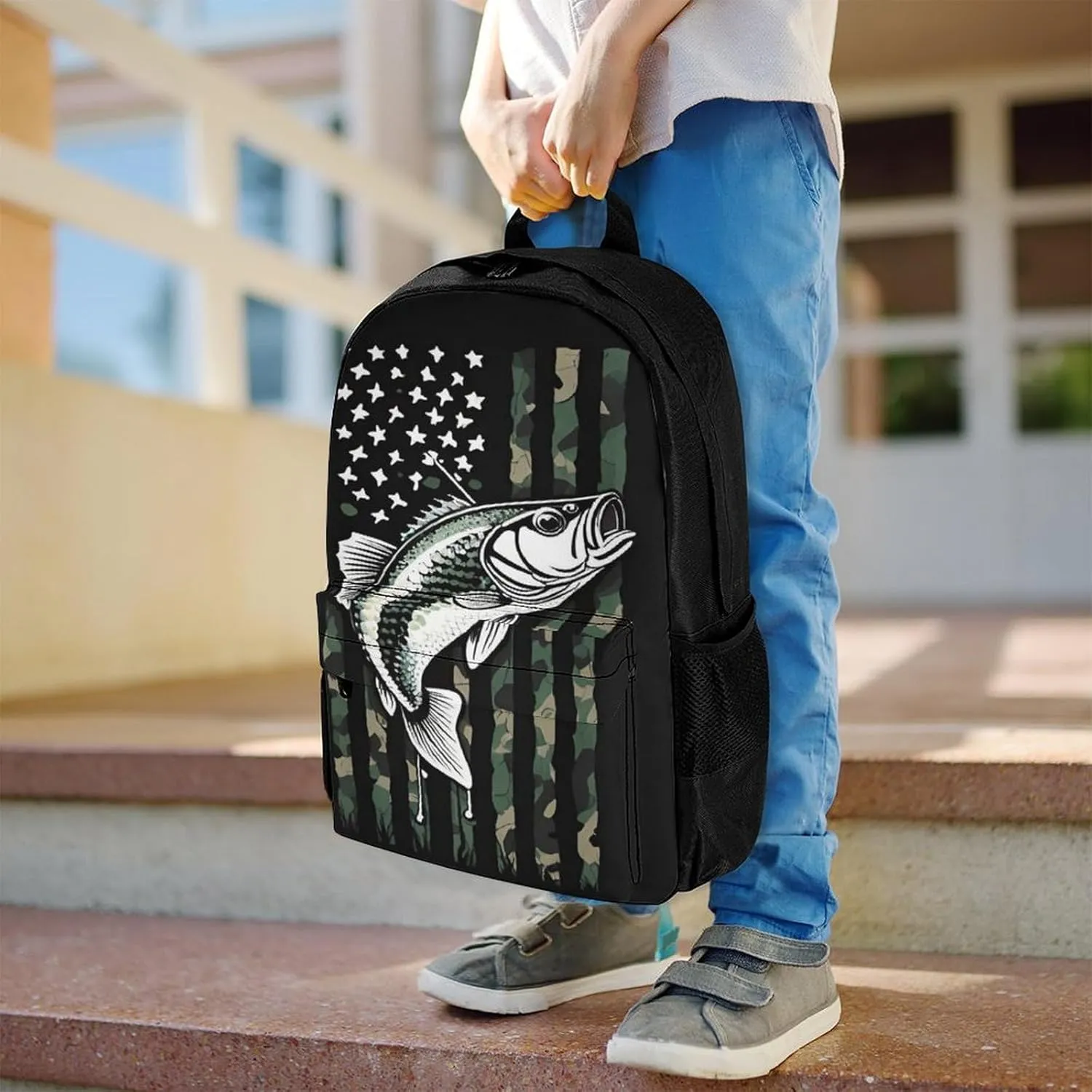 Men Women Polyester Bass Fishing Lure Camo Camouflage American Fl Daypack Big Capacity Shoulder Bag With Smooth Zippers for Hiking Work Walking Cycling