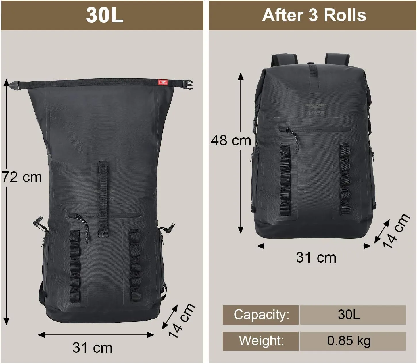 MIER Dry Bag Waterproof Backpack 30L Dry Sack Heavy Duty Roll-Top Closure for Kayaking, Beach, Boating, Swimming, Surfing