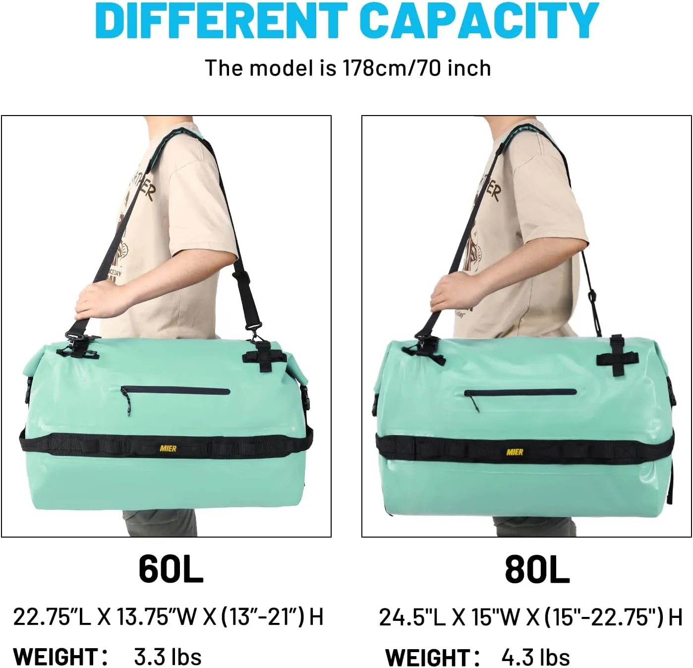 MIER Large Waterproof Duffel Bag Rolltop Dry Backpack Duffle Bags for Kayaking, Rafting, Boating, Swimming, Camping, Travel, Gym, Beach, 60L/80L