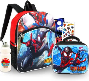 Miles Morales Backpack with Lunch Box Set - Bundle with 16” Spiderman Backpack, Spidey Lunch Bag, Bottle, Stickers, More | Spiderverse School Supplies
