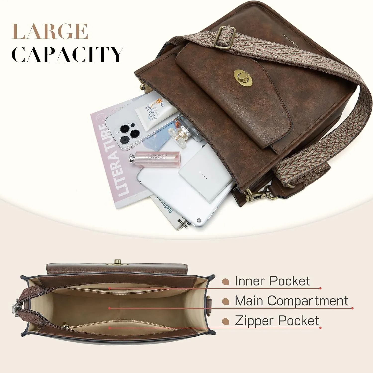 Missnine Crossbody Bags for Women Trendy Vegan Leather Shoulder Bag Hobo Purses Handbags with 2 Shoulder Straps