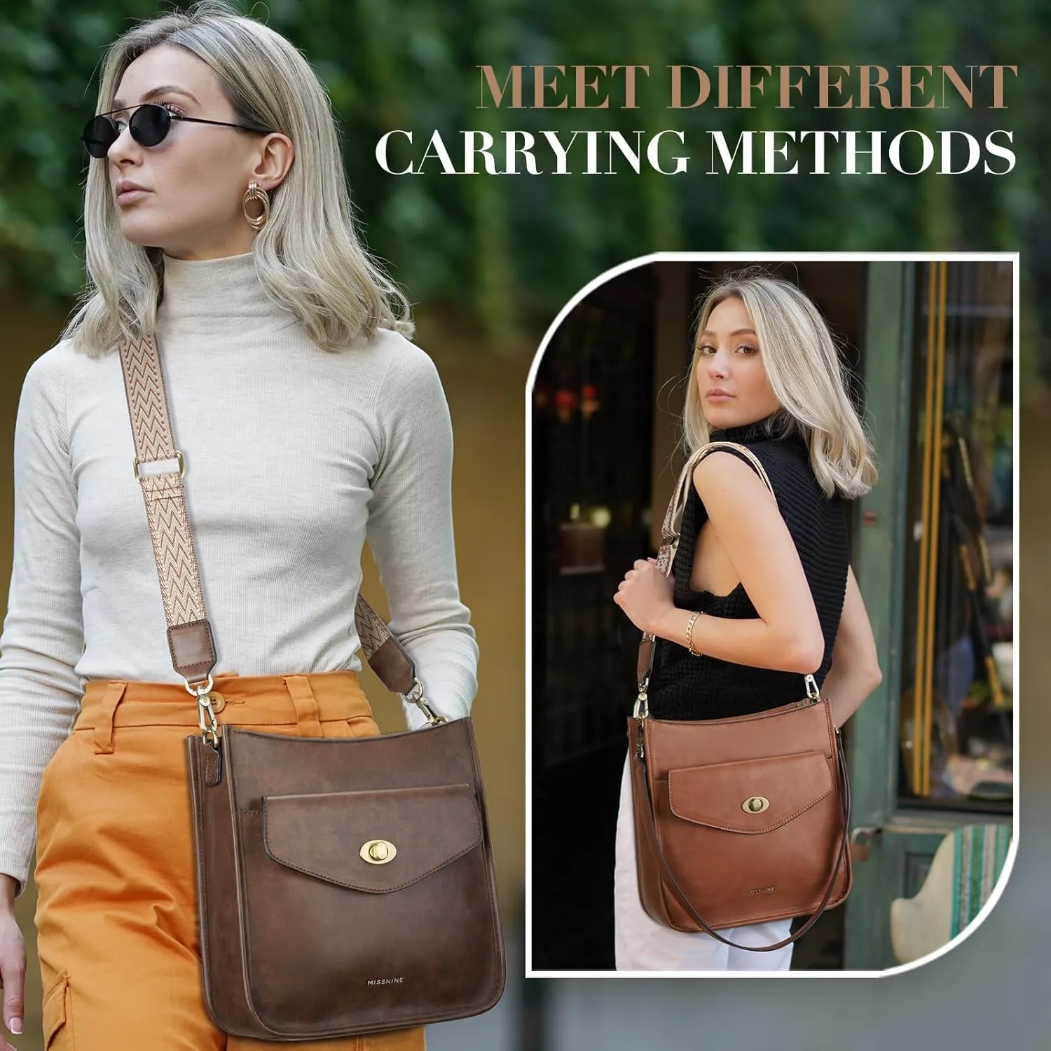 Missnine Crossbody Bags for Women Trendy Vegan Leather Shoulder Bag Hobo Purses Handbags with 2 Shoulder Straps