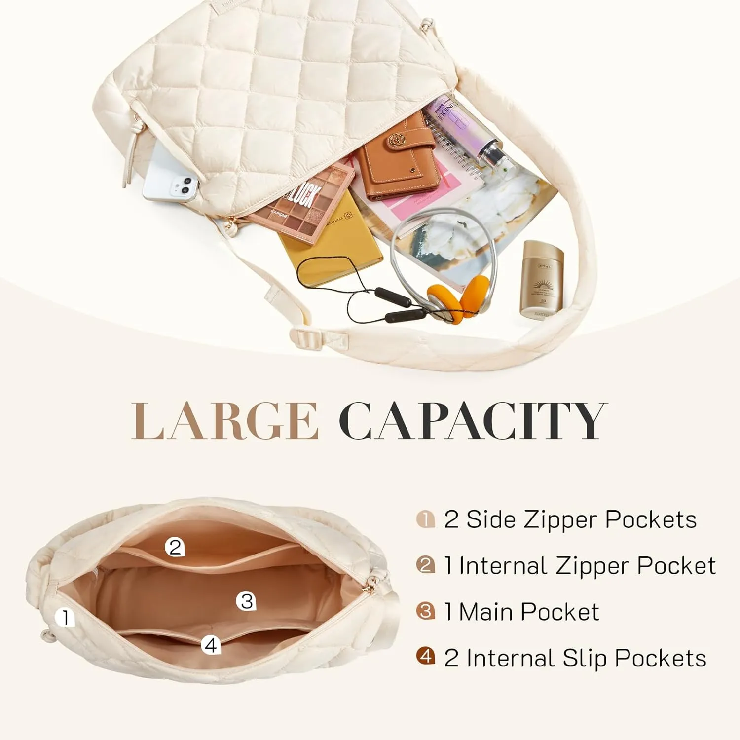 Missnine Quilted Puffer Tote Bag for Women with Adjustable Strap Puffy Shoulder Bag Large Carryall Crossbody Purse Hobo Bags