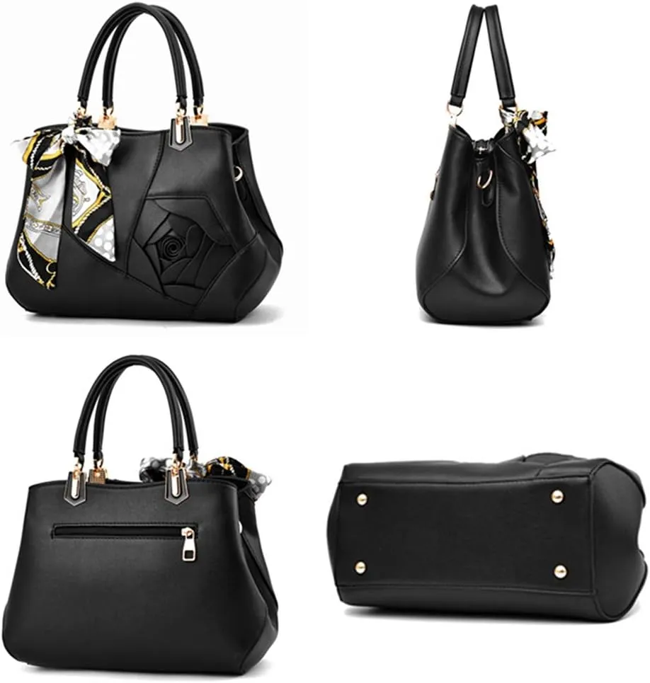 Mn&Sue Ladies Top Handle Satchel 3D Flower Women Elegant Handbags Pu Leather Crossbody Tote Purse