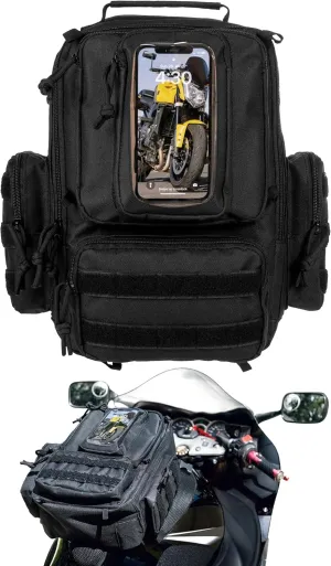 Motorcycle Magnetic Tank Bag Backpack Sling Bag - Strong Magnets Universal Fit Oxford Nylon Padded Straps Functional Tactical (Molle) - Pockets, Phone Holder – For Adventure Cruiser Sport or Touring