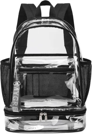 mygreen Clear Backpack with Bottom Compartment for Lunch Box or Shoes, 2-in-1 Design for School, Sports, Work, Stadium, Security, Travel, College Black
