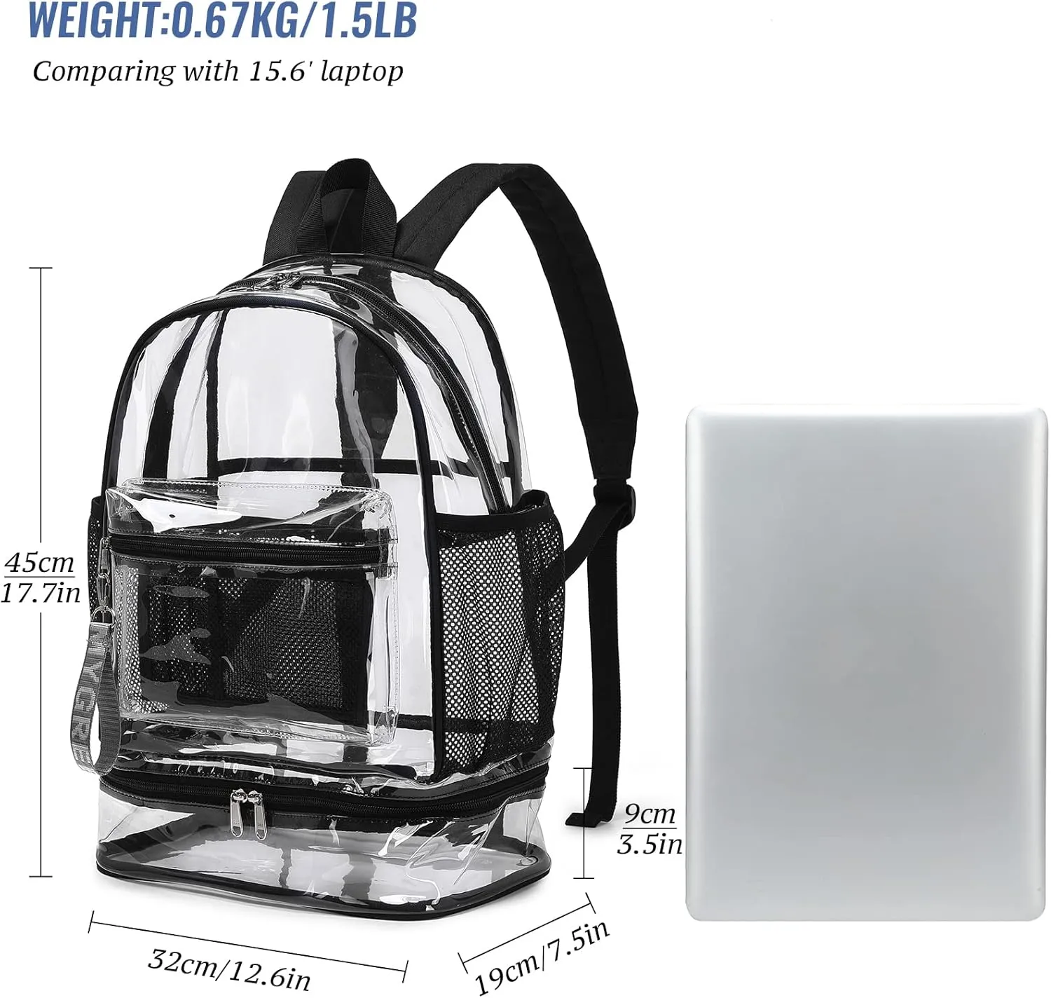 mygreen Clear Backpack with Bottom Compartment for Lunch Box or Shoes, 2-in-1 Design for School, Sports, Work, Stadium, Security, Travel, College Black