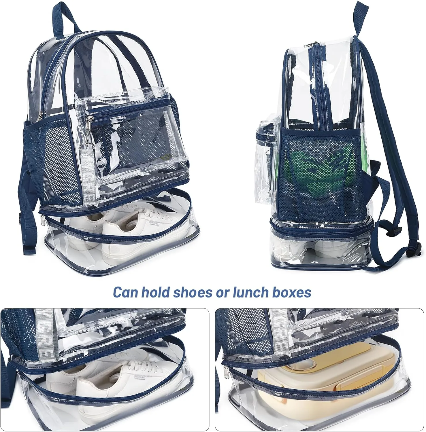 mygreen Clear Backpack with Bottom Compartment for Lunch Box or Shoes, 2-in-1 Design for School, Sports, Work, Stadium, Security, Travel, College Black