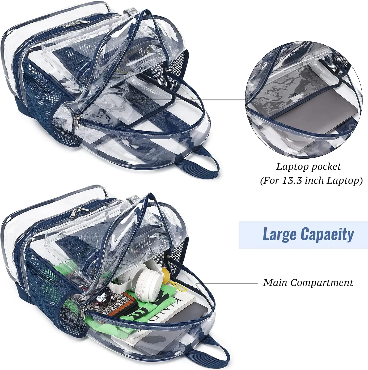 mygreen Clear Backpack with Bottom Compartment for Lunch Box or Shoes, 2-in-1 Design for School, Sports, Work, Stadium, Security, Travel, College Black